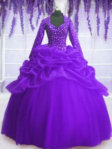 Best Selling Sequins and Pick Ups Ball Gown Prom Dress Purple Zipper Long Sleeves Floor Length