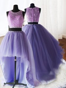 Three Piece Lavender Organza and Tulle and Lace Zipper Scoop Sleeveless With Train Sweet 16 Quinceanera Dress Brush Train Beading and Lace and Ruffles