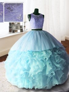 Baby Blue Ball Gowns Scoop Sleeveless Organza and Tulle and Lace With Brush Train Zipper Beading and Lace and Ruffles Sweet 16 Dress