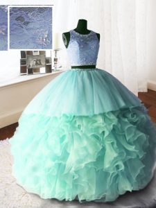 Sweet Scoop Sleeveless Brush Train Zipper With Train Beading and Lace and Ruffles Sweet 16 Dress