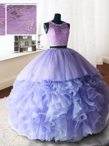 Scoop Beading and Lace and Ruffles Vestidos de Quinceanera Lavender Zipper Sleeveless With Brush Train