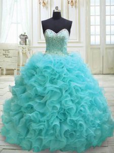 Custom Made Aqua Blue Sleeveless Beading and Ruffles Lace Up 15 Quinceanera Dress