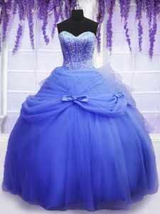 Traditional Blue Ball Gown Prom Dress Military Ball and Sweet 16 and Quinceanera and For with Beading and Bowknot Sweetheart Sleeveless Lace Up