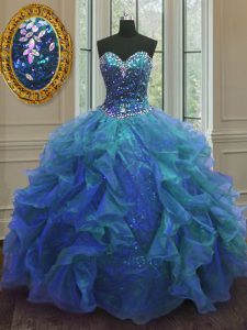 Flare Floor Length Lace Up Sweet 16 Dresses Blue for Military Ball and Sweet 16 and Quinceanera with Beading and Ruffles
