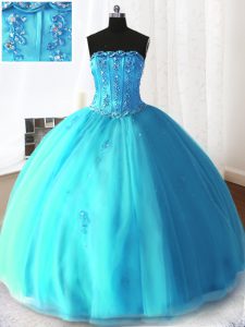 Modest Baby Blue Strapless Lace Up Beading and Appliques Quince Ball Gowns Sleeveless