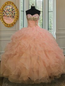 Fantastic Floor Length Ball Gowns Sleeveless Peach Ball Gown Prom Dress Lace Up