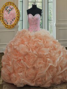 Great Peach Organza Lace Up Sweet 16 Quinceanera Dress Sleeveless Sweep Train Beading and Pick Ups