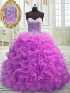 Ideal Organza Sleeveless Quinceanera Dresses Sweep Train and Beading and Ruffles