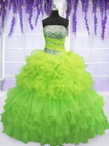 Fantastic Sleeveless Beading and Ruffled Layers and Pick Ups Floor Length Quince Ball Gowns