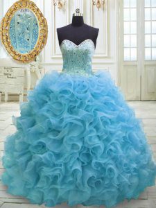 Exceptional Sequins Ball Gowns Sleeveless Baby Blue Quinceanera Gown Sweep Train Lace Up