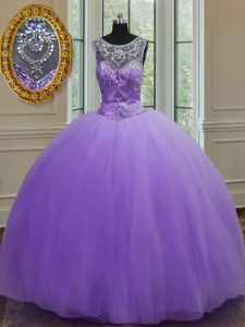 Scoop Lavender Lace Up Quinceanera Gown Beading Sleeveless Floor Length