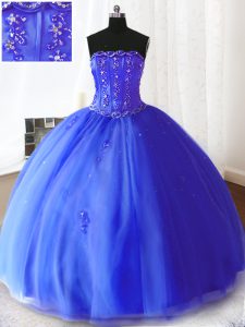 Floor Length Royal Blue Quinceanera Gowns Tulle Sleeveless Beading and Appliques