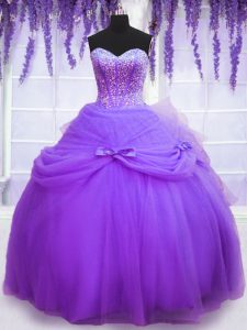 Sleeveless Floor Length Beading and Bowknot Lace Up Ball Gown Prom Dress with Lavender