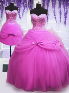 Three Piece Floor Length Lilac Quince Ball Gowns Sweetheart Sleeveless Lace Up