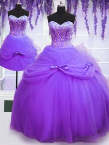 Custom Design Three Piece Floor Length Purple 15th Birthday Dress Tulle Sleeveless Beading and Bowknot