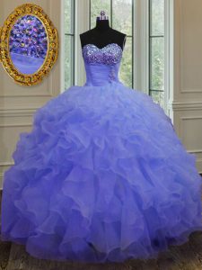 Lovely Sweetheart Sleeveless Quince Ball Gowns Floor Length Beading and Ruffles Purple Organza