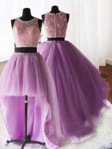 Three Piece Lilac Ball Gowns Organza and Tulle and Lace Scoop Sleeveless Beading and Lace and Ruffles With Train Zipper Sweet 16 Quinceanera Dress Brush Train