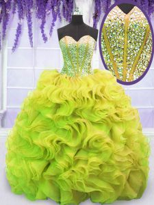 Beading and Ruffles Quinceanera Gowns Yellow Green Lace Up Sleeveless Sweep Train