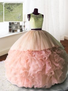Scoop Baby Pink Sleeveless Organza and Tulle and Lace Brush Train Zipper Quinceanera Dresses for Military Ball and Sweet 16 and Quinceanera