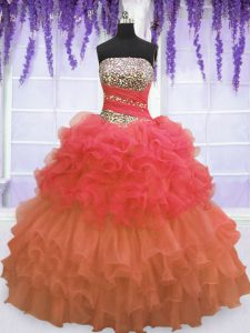 Multi-color Organza Lace Up Strapless Sleeveless Floor Length Sweet 16 Dress Beading and Ruffled Layers and Pick Ups