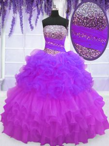 Attractive Organza Strapless Sleeveless Lace Up Beading and Ruffled Layers and Pick Ups Quince Ball Gowns in Multi-color