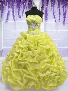 Yellow Green Organza Lace Up Strapless Sleeveless Floor Length Quince Ball Gowns Beading