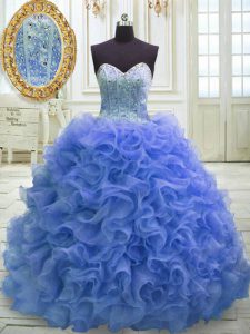 Sleeveless Beading and Ruffles Lace Up Sweet 16 Dress with Blue Sweep Train