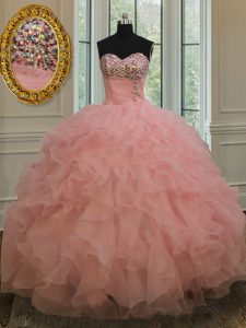 Floor Length Watermelon Red Quince Ball Gowns Organza Sleeveless Beading and Ruffles