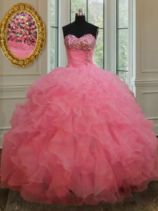 Most Popular Rose Pink Sleeveless Beading and Ruffles Floor Length Quinceanera Dresses