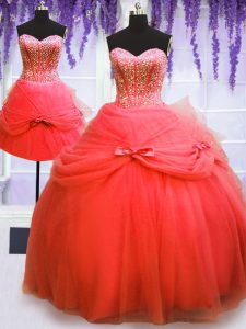 Three Piece Coral Red Sleeveless Tulle Lace Up Quince Ball Gowns for Military Ball and Sweet 16 and Quinceanera