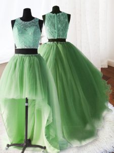 Popular Three Piece Yellow Green Vestidos de Quinceanera Military Ball and Sweet 16 and Quinceanera and For with Beading and Lace and Ruffles Scoop Sleeveless Brush Train Zipper