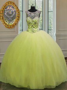 Beautiful Yellow Green Ball Gowns Sweetheart Sleeveless Tulle Floor Length Lace Up Beading Quince Ball Gowns