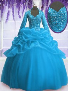 Edgy Baby Blue Zipper V-neck Sequins and Pick Ups Quince Ball Gowns Organza Long Sleeves
