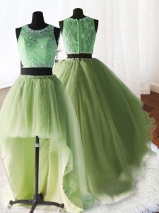 Three Piece Yellow Green Organza and Tulle and Lace Zipper Scoop Sleeveless With Train Quinceanera Gowns Brush Train Beading and Lace and Ruffles