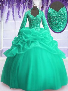 Pretty Turquoise Ball Gowns Organza V-neck Long Sleeves Sequins and Pick Ups Floor Length Zipper Sweet 16 Dress