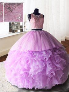 Scoop With Train Zipper Sweet 16 Dress Lilac for Military Ball and Sweet 16 and Quinceanera with Beading and Lace and Ruffles Brush Train