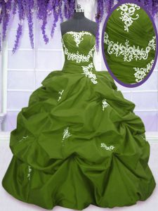 Sweet Pick Ups Ball Gowns Sweet 16 Dress Olive Green Strapless Taffeta Sleeveless Floor Length Lace Up