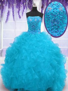Aqua Blue Ball Gowns Organza Strapless Sleeveless Beading and Ruffles With Train Lace Up Sweet 16 Quinceanera Dress Brush Train