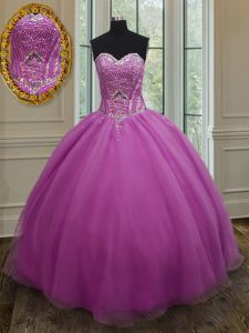 Fuchsia Organza Lace Up Ball Gown Prom Dress Sleeveless Floor Length Beading and Belt