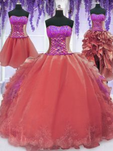 Beauteous Four Piece Sleeveless Floor Length Embroidery and Ruffles Lace Up Sweet 16 Quinceanera Dress with Watermelon Red