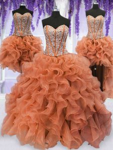 Four Piece Floor Length Lace Up Ball Gown Prom Dress Orange for Military Ball and Sweet 16 and Quinceanera with Beading and Ruffles