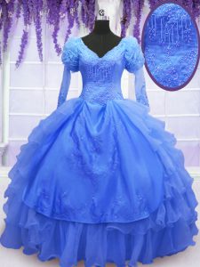 Popular Blue Organza Lace Up One Shoulder Long Sleeves Floor Length 15th Birthday Dress Beading and Embroidery and Hand Made Flower