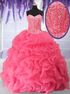 Chic Rose Pink Sweetheart Neckline Beading and Ruffles Vestidos de Quinceanera Sleeveless Lace Up