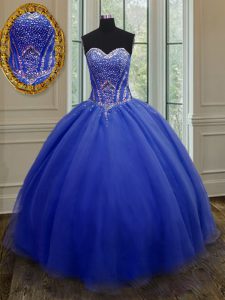 Royal Blue Organza Lace Up Sweetheart Sleeveless Floor Length Quinceanera Dress Beading and Belt