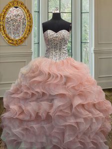 Peach Sleeveless Organza Lace Up Quinceanera Gowns for Military Ball and Sweet 16 and Quinceanera