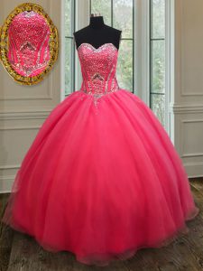 Decent Floor Length Coral Red Quince Ball Gowns Sweetheart Sleeveless Lace Up