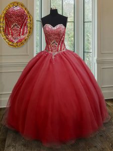 Floor Length Ball Gowns Sleeveless Red Quince Ball Gowns Lace Up