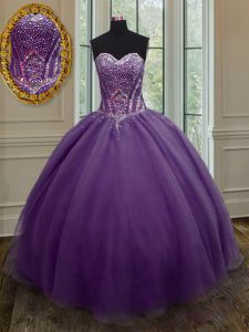Purple Organza Lace Up Quinceanera Dress Sleeveless Floor Length Beading