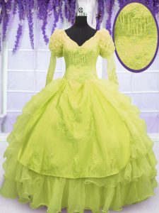 Flirting Yellow Green Sleeveless Beading and Embroidery and Ruffles Floor Length Party Dress Wholesale