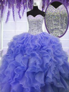 Graceful Purple Lace Up Sweetheart Ruffles and Sequins Sweet 16 Quinceanera Dress Organza Sleeveless